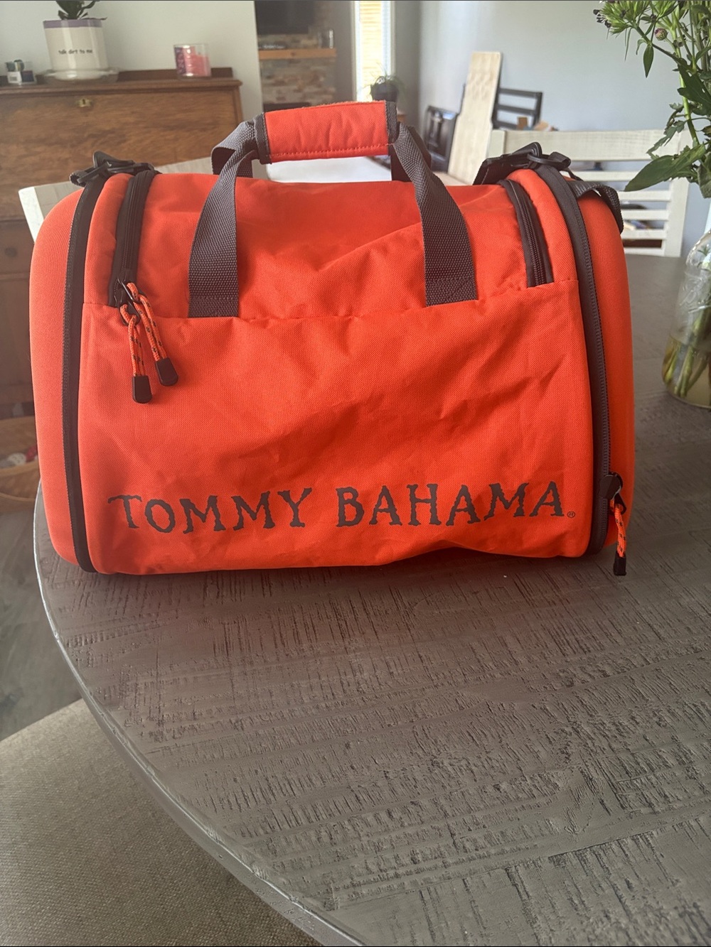 Tommy Bahama Bright Orange Duffel with Dark Brown Accents